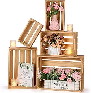 Soaoo 5 Pcs Decorative Nesting Wooden Crates for Storage Display 5 Size Large Small Rustic Wood Decorative Storage Crates with Handle Farmhouse Crate Box Container Made from Pine(Classic Color)