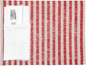 Restaurantware 16 x 12 Inch Dining Table Placemats Set Of 6 Rectangle Kitchen Table Mats - Striped Easy To Clean Red Plastic Striped Placemats Wipeable Durable