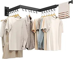 Wall Mounted Tri-Fold Clothes Drying Rack, Heavy Duty Collapsible Laundry Drying Rack, Space-Saving Retractable Foldable Drying Rack Clothes for Laundry Room Balcony Bathroom,Black-Hooks