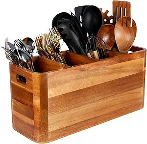 Wooden Kitchen Utensil Holder Organizer for Counter or Countertop, Large Wooden Utensil Holder for Storage Cooking and Silverware with 4 Compartment, Acacia Rustic Wood Container Extra Large