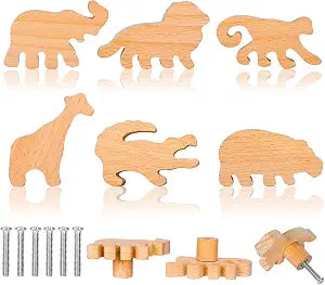 Whaline 6 Pcs Safari Animal Wooden Knobs with Screws Cute Jungle Animal Shaped Drawer Pulls Natural Wood Furniture Knobs for Nursery Room Dresser Cabinet Decor