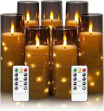 Eebuss Flameless Candles with Embedded Star String, Battery Operated LED Pillar Candles with Timer and Remote Control,Home Decorating for Ambiance Set of 7(Grey)
