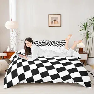 Manfei Black White Grid Duvet Cover Set Full Size, No Comforter