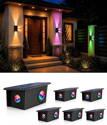 T-SUN Solar Wall Lights Outdoor 6 Pack, RGB Up Down & Side Solar Wall Sconce, 8 Modes Color Changing 3000K Warm White, IP65 Waterproof Solar Powered Wall Lights for Front Door Porch Patio Garage