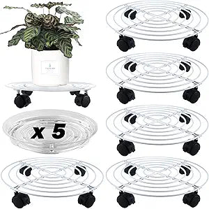 5 Packs Metal Plant Caddy with Locking Wheels 11.8 Inches Heavy-duty Wrought Iron Rolling Plant Stands with Casters Plant Dolly Plant Roller Base for Indoor and Outdoor Plant Pot Movers Saucers White