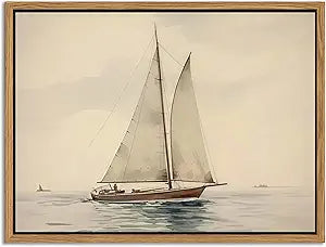Floating Framed Canvas Wall Art, Vintage Sailboat Ocean Picture Wall Decor, White Sailboat Seascape Poster Print Painting for Living Room Bedroom Bathroom Office Home Decor 16x24 inch