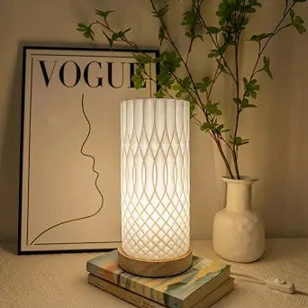 Small Bedside Lamp for Nightstand, 3D Printed Mini Table Lamp, 3 Color Temperatures Warm to Cool White, Cozy Small Lamp for Bedroom Dorm Tight Spaces, Ash Wood Base, 8.8 Inch Tall - Helix
