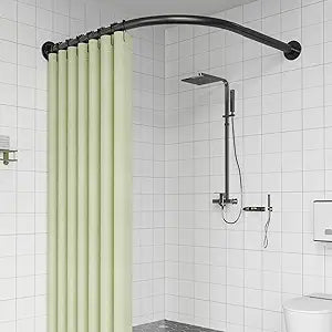 Adjustable Corner Shower Curtain Rod, Stretchable Stainless Steel L Shaped Shower Curtain Rail, Curved Bowed Shower Curtain Pole, Drill Or No Drill, For Bathroom(Size:B 70-95cm X 90-130cm,Color:Black)
