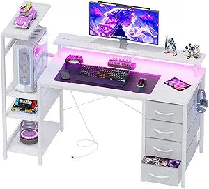 51 Inch Gaming Desk with Power Outlet and LED Lights, Computer Desk with 4 Drawers & Storage Shelves, Reversible Home Office Desk with Monitor Stand for Small Space Bedroom, Carbon Fiber White