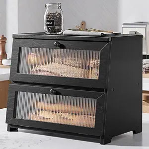 Kitsure Bread Box - Wooden Bread Box for Kitchen Countertop, Large Capacity Kitchen Countertop Organizer, Stylish Bread Storage with Window, Multi-functional Container, Black, 15.0"x13.0"x9.1" (2T)