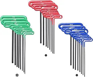 GogoBing Cushion Grip Hex t handle torque T-Key allen wrench sets long screwdriver tool - 8 SAE Standard 3/32-1/4 Inch & 8 Metric 2.5-6 MM Sizes & 8 Torx T9-T40, Red&Blue&Green
