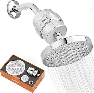 ADOVEL High Output Shower Head and Hard Water Filter, 15 Stage Shower Filter Removes Chlorine & Harmful Substances, Water Softener Showerhead for Bathroom, Rain Shower, 1 Replaceable Filter Cartridge