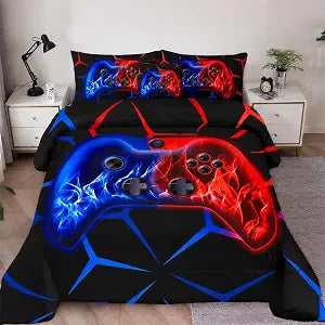 ZRNBAST 6-Piece Gamer Comforter Set Twin Size Red and Blue Gaming Bedding Sets for Boys with Sheets Soft Fluffy Game Console Design Bed in a Bag (Red Blue, Twin)