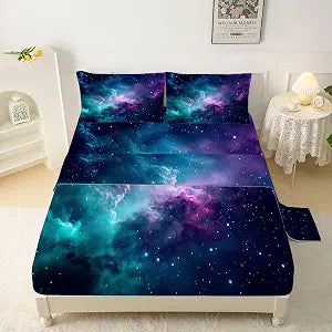 Blue Galaxy Sheet Set Twin: Space Bedding Set for Kids Teens Girls Boys Cloud Starry Sky Bedroom Bed - 1 Flat Sheet, 1 Fitted Sheet, 1 Pillowcase