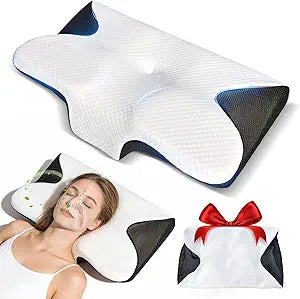Cervical Neck Pillow, Contour Memory Foam Orthopedic Pillow, Double-Sided Neck Support Pillow for Neck Pain Relief, with Pillowcase for Back Side Stomach Sleepers(Black)
