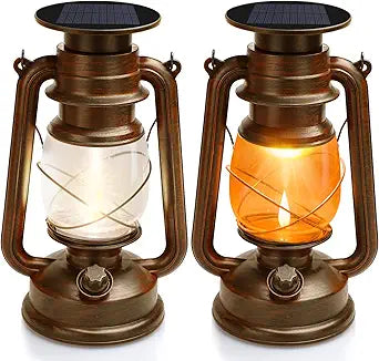 2 Pack Solar Hanging Lantern Outdoor, Solar Powered, Auto On/Off Waterproof LED Flame Umbrella Vintage Lights for Garden, Patio, Yard, Flickering Flameless Candle Mission Lights for Table, Party
