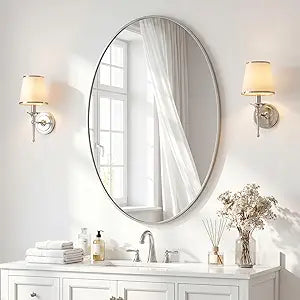 Oval Mirror 24x36 Brushed Nickel Bathroom Mirrors Stainless Steel Metal Frame Vanity Mirror Wall Mount Mirror for Entryway Bedroom Bathroom Living Room