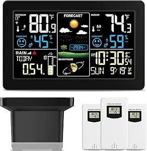 Weather Station with Rain Gauge Outdoor, Home Weather Stations Wireless Indoor Outdoor with Digital Rain Gauges, Thermometer, Barometer, Hygrometer, Atomic Clock, Weather Forecast, with 3 Sensor