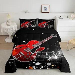 Castle Fairy 3D Electric Guitar Comforter Set Queen Size Stage Lighting Bedding Set for Kids Boys Girls Bedroom Decoration Music Stave Bed Duvet Insert Rock Music Theme Comforter with 2 Pillowcase