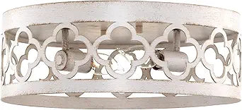 Kira Home Sutton 13" 2-Light Farmhouse Quatrefoil Flush Mount Ceiling Light, Distressed White Metal Drum Shade, Antique White Finish