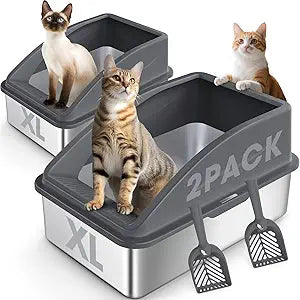 2 Pack Stainless Steel Litter Box | XL Enclosed Cat Litter Boxes with Lid for Big Cats and Multi-Cats | High Sided, Anti-Urine Leakage | Non-Stick BottomDark Gray