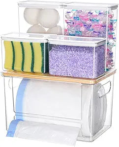 iCASA Trash Bag Holder Laundry Pods Container - 5 in 1 Garbage Bag Dispenser for 13/30/33 Gallon Bags, Clear Stackable Kitchen Under Sink Organizer Dishwasher Pod Storage Home Organization Must Haves