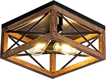 Rpzloila Flush Mount Ceiling Light Fixture for Kitchen Hallway, 2-Light Close to Ceiling Light with Black Metal and Wood Design, Rustic Farmhouse Ceiling (Bulb not Included)