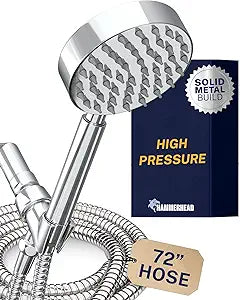 HammerHead Showers Solid Metal Handheld Shower Head with Hose and Brass Holder - CHROME - 2.5 GPM High Pressure Shower Heads with Adjustable Shower Wand Bracket - 6ft Flexible Extension