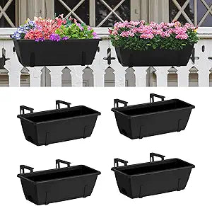 CADUKE Railing Planter Box 4 Pack Window Boxes Planter with Adjustable Brackets 16.9 Inches Deck Railing Hanging Flower Boxes Black Balcony Planters Fence Hanging Planters for Outdoor