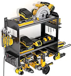 YYR Power Tool Organizer Wall Mount with Charging Station, Cordless Tools Hanger and Battery Storage Rack for Garage Organization, Heavy Duty Drill Holder Shelf Build in Metal Power Strip - Black