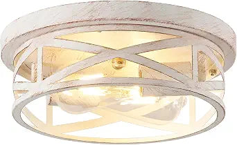 Indoor Flush Mount Ceiling Light Fixtures, 2-Light Cage Cross Close to Ceiling Mount Lights, E26 Base Vintage Hanging Lights for Kitchen Bedroom Living Room, White and Gold
