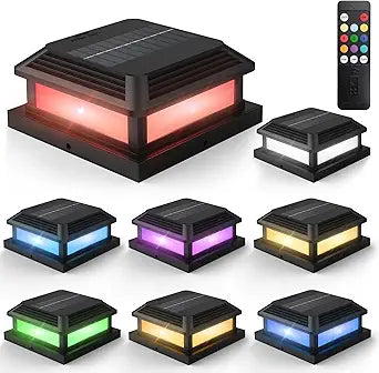 Solar Post Cap Lights with Remote, 9 Colors 3 Modes Changing Solar Deck Lights Outdoor Waterproof, 8 Pack 4x4 Post Solar Lights Fits 4x4/5x5 Wood/Vinyl Fence Deck Posts, Backyard, Garden, Fence
