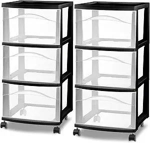 Sterilite 2 Pack 3 Drawer Storage Cart, Plastic Medium Organizer with Wheels, Black - Multipurpose Bin for Crafts, Accessories, or Office Supplies