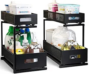 Under Sink Organizer Set of 2, Heavy Duty Matte Black Metal Cabinet Organizer with Retractable Shelves, Adjustable Height, Expandable Storage for Kitchen Bathroom and Laundry Room
