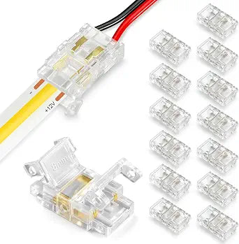 RESHAKE 15 Pack LED Strip Connectors 2 Pin 8mm Solderless, Transparent LED Light Connectors Gapless, Strip to Wire LED Connectors for 12V 24V Single Color COB/SMD LED Light Strips