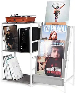 HYCFYJR Record Player Stand, 3-Tier Vinyl Record Storage, Turntable Stand with Now Playing Holder, Vinyl Display for Living Room, Grey & White