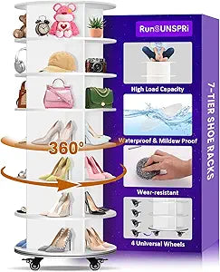 7 Tier Rotating Shoe Rack with 4 Universal Wheels, 360 Revolving Free Standing Shoe Organizer, Multifunctional Storage Revolving Shoe Rack Tower, Spinning Shoe Racks Display Lazy Susan Equipped