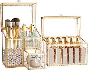 CoralHouse Makeup Brush Organizer  Vanity Organizer with 18-Slot Lipstick Organizer & Makeup Brush Holder with Lid  Skincare, Perfume & Cosmetic Storage for Bathroom or Dresser