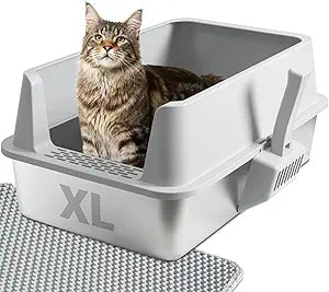 Stainless Steel Cat Litter Box with Lid, Large Metal Litter Box Stainless Steel with Mat & Scoop, Odor-Free/Anti-Leakage & Non-Stick/Easy Clean, High-Sided Litter Box for Multiple Big Cats(XL/Grey)