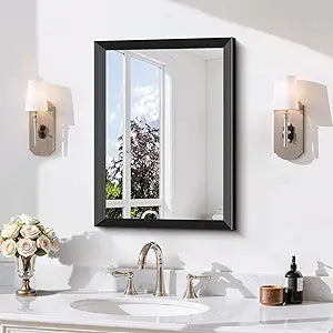 DESBING 18x24 inch Black Bathroom Mirror,Bevelled Edge Black Mirror with Ribbed Texture-Modern Rectangle Bathroom Wall Mirror for Vanity, Tempered Glass,Hangs Horizontally or Vertically