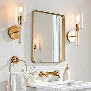22x30 Inch Rectangle Farmhouse Wall Mirror for Bathroom and Powder Room, HD Glass with Solid Anti-Rust Brushed Gold Aluminum Alloy Frame, Sleek Modern Decorative Accent, Hangs Vertical or Horizontal