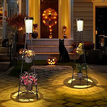 2pack 45.4'' Outdoor Floor lamp IP65 Waterproof, Solar Lights Outdoor with 2 Plant Stand,Outdoor Patio Decor with USB Charging Port 3 Lighting Modes for Porch Deck Yard and Garden
