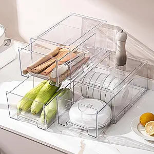 Clear Acrylic Stackable Storage Drawers, Plastic Refrigerator Organizer Bins with Handles for Undersink, Cabinet, Fridge, Closet, Pantry, Office, Bathroom, Kitchen(2 Pack)