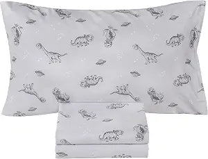 Scientific Sleep Gray Dinosaur Space Walk Universe Travel 100% Cotton 3 Pcs Twin Bed Sheet Set Kids Toddler Teen, Flat Sheet & Fitted Sheet & Pillowcase Kids Bedding Set Twin