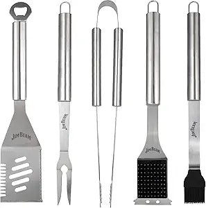 Jim Beam 5 Piece Stainless Steel BBQ Tool Set - 2-Prong Fork, 4-in-1 Spatula, Grilling Tongs, Basting Brush, Extra Long Handles