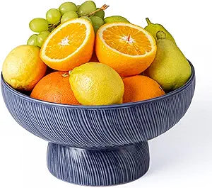 Ceramic Fruit Bowl with Pedestal: 10 inch Ceramic Fruit Basket with Drainage Hole and Detachable Base - Dishwasher Safe and Stable - Decorative Bowl for Kitchen Table Counter (Navy)