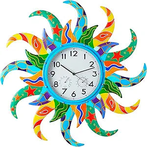 Large Blue Sun Outdoor Clock with Thermometer and Hygrometer Combo, Silent No-Ticking Outdoor Wall Clock, Waterproof Quartz Clock for Patio, Living Room, Kitchen, Garden, 25 Inch