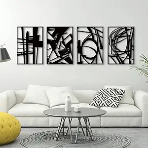Glamativity 4 Pack Black Abstract Metal Wall Art, Minimalist Dcor Single Line Art Wall Dcor, 3D Textured Metal Wall Sculptures, for Living Room Bedroom Bathroom Study Room (Black Abstract, M Size 16 x 11'')
