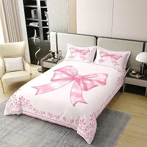 Manfei Pink Bow 100% Cotton Duvet Cover Set Queen Size,Watercolor Floral Bow Bedding Set 3pcs,Princess Bow Tie Cartoon Quilt Cover,Kids Boys Girls Room Decor,2 Pillowcases,No Comforter