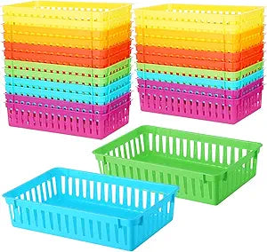 Wenqik 24 Pcs Plastic Storage Baskets for Classroom Organizing Small Pantry Storage Bins Rectangular Tray for School Household Toys Classroom Bedrooms, Kitchens Countertops (Rainbow Color)